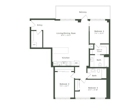 Floor plan for 3 beds, 2 baths, 1376 sqft